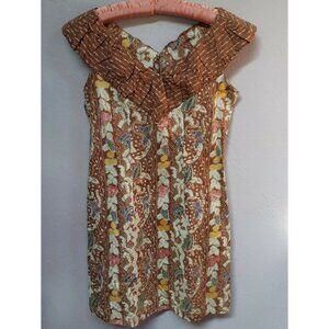 Batik Keris Womens Cotton Brown Floral Off Shoulder Shift Dress Small Sleeveless